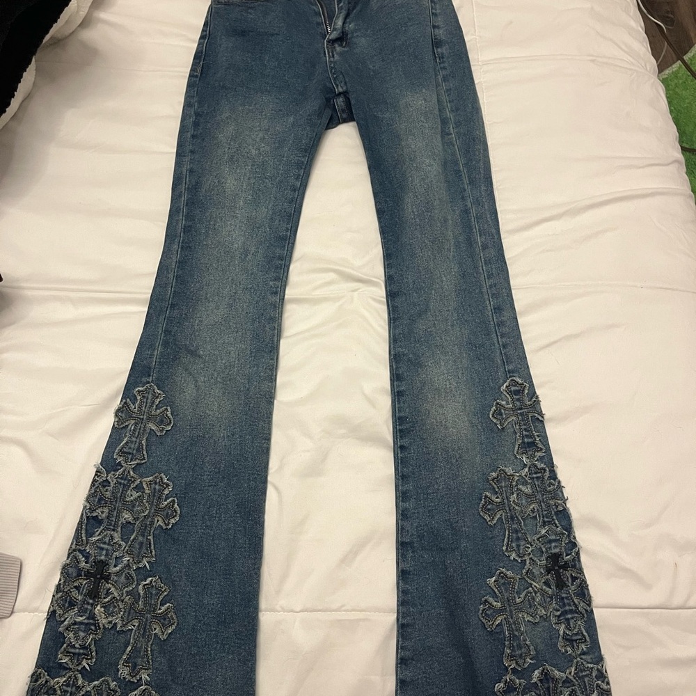 BAMBOO Blue Flare Jeans with Embroidery